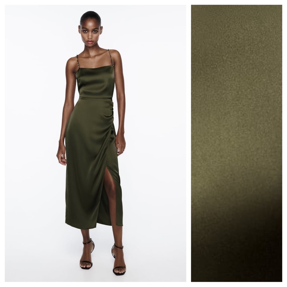 NWT. Zara Khaki Satin Effect Beaded Slip Midi Dress. Size S.